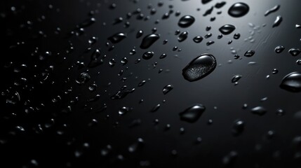 Poster - Elegant water droplets on a dark surface creating a serene backdrop with ample space for text placement and design elements.