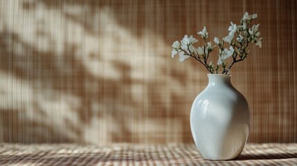 Poster - Elegant porcelain vase with delicate flowers on table against woven textile background and soft shadows, ideal for design or advertising use.
