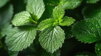 Poster - Macro view of vibrant green leaves with raindrops showcasing natural freshness and ample space for text or design elements.