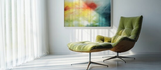 Poster - Green lounge chair and matching ottoman near vibrant abstract artwork on a white wall with natural light and empty space for text.
