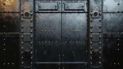 Poster - Iron metal door with textured dark scale effect featuring reflective surfaces and ample space for text or graphic design elements