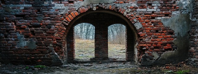Poster - Brick wall with double openings framed by weathered bricks and empty landscape beyond, offering copy space for text or design elements.