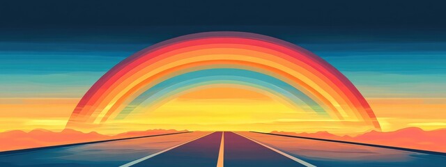 Poster - Double Rainbow Over a Serene Road at Sunset with Ample Space for Text and Design Elements