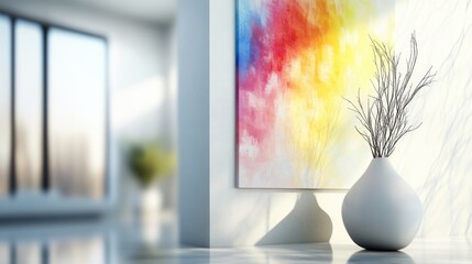 Poster - Minimalist white home interior with colorful abstract wall art and stylish vases creating a cozy modern living space atmosphere