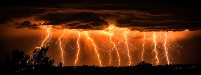 Poster - Dramatic lightning display during a storm with dark clouds and space for text highlighting nature's intensity and power