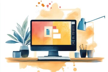 Poster - a modern workspace featuring a desktop computer, potted plants, and artistic elements in warm colors