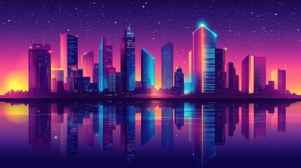 Poster - A glowing neon-lit skyline of a modern city at night, with futuristic architecture and reflections on the water.