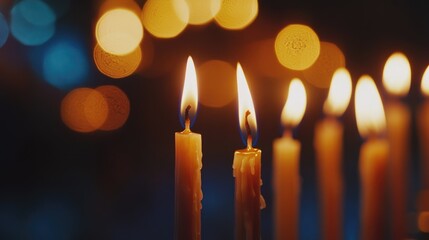 Poster - Closeup of glowing Hanukkah candles in a menorah with soft bokeh lights and empty space for holiday text or messages