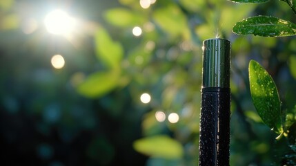 Poster - Morning Dew on Sprinkler Surrounded by Lush Greenery with Soft Sunlight Creating a Gentle Bokeh Effect and Empty Copy Space for Text