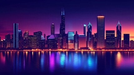 Poster - A glowing neon-lit skyline of a modern city at night, with futuristic architecture and reflections on the water.