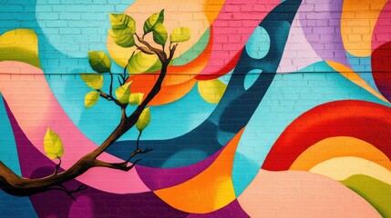 Poster - Vibrant mural artwork featuring abstract patterns and colors with ample empty space for text or branding integration