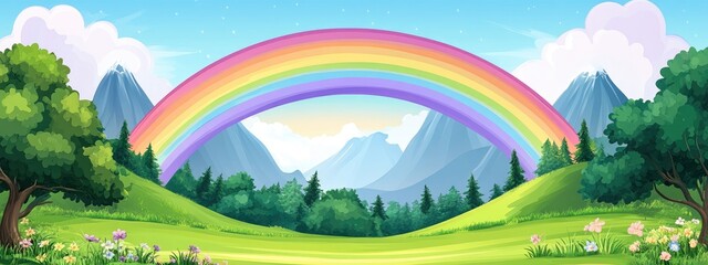 Poster - Vibrant Double Rainbow Arcing Over Majestic Mountain Landscape with Lush Greenery and Clear Sky Ideal for Text Placement