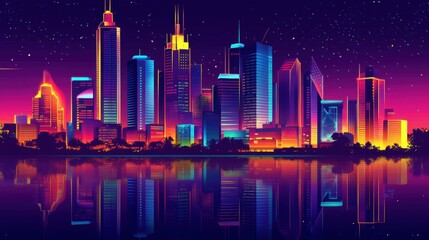 Poster - A glowing neon-lit skyline of a modern city at night, with futuristic architecture and reflections on the water.