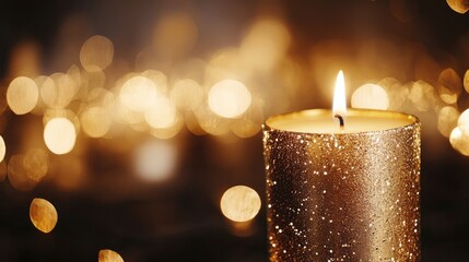 Poster - Golden candle illuminated against a backdrop of shimmering lights and a blank area for text inviting festive or elegant designs