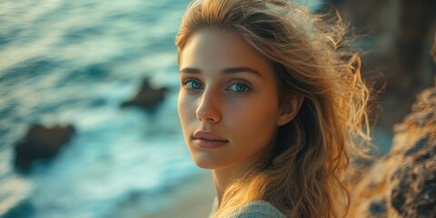 Poster - Young Woman by Ocean