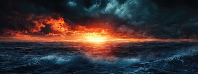 Poster - dramatic ocean sunset with dark storm clouds and vibrant colors creating a serene yet powerful atmos