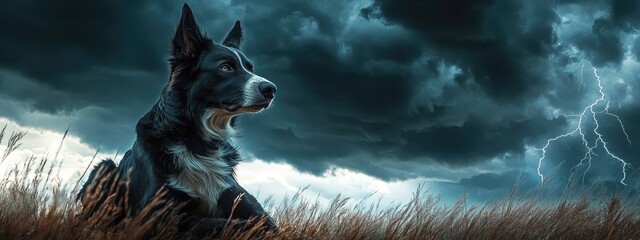 Poster - Dramatic storm clouds with lightning and a dog silhouette in a field creating an atmospheric scene with space for text overlay.