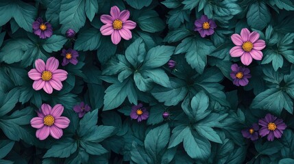 Poster - Colorful flowers surrounded by lush green leaves creating a serene background with ample space for text or design overlay.