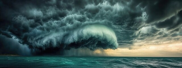 Poster - Dramatic Storm Clouds Over Ocean Horizon with Copy Space for Text and Moody Atmosphere for Weather Related Themes