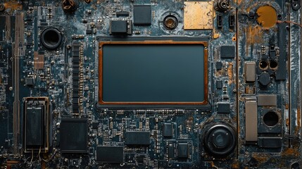 Fototapete - Close up of an electronic circuit board with metallic details featuring a blank digital display for customizable text or graphics
