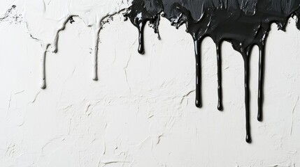 Poster - Close up of black paint dripping on weathered wall creating textured background with space for copy or design elements