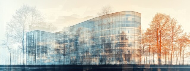 Poster - Double Exposure of Modern Office Building and Trees with Blank Space for Custom Text or Branding Elements