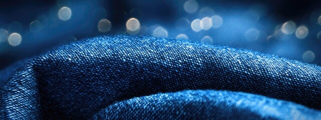 Poster - Blue Denim Fabric Background with Bokeh Effect and Copy Space for Text in a Soft Dreamy Aesthetic