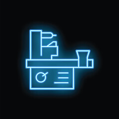 Poster - Bright blue neon icon of a milling machine on a black background, representing industrial manufacturing processes