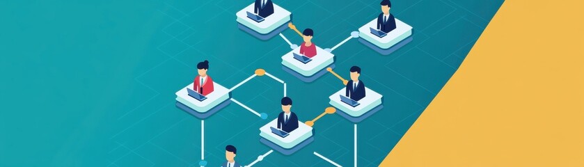 Poster - A digital illustration of a network diagram showing people connected through lines, representing collaboration and communication in a structured layout.