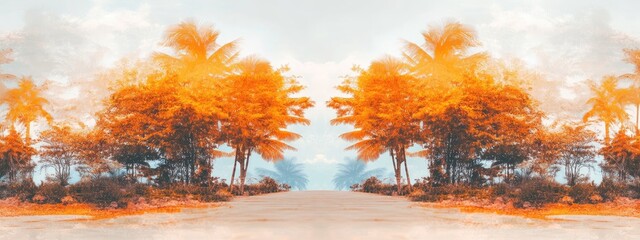 Poster - double exposure of lush tropical resort garden featuring vibrant orange trees and spacious empty are