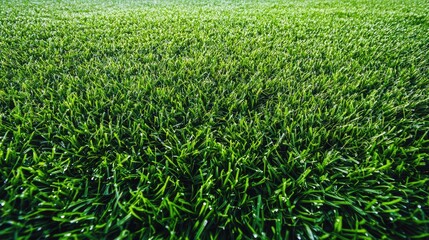 Poster - Close up of dew glistening on vibrant green grass showcasing fresh morning beauty with ample space for text or graphics