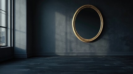 Poster - Elegant mirror reflection in minimalist dark grey interior with ample empty space for customized text or branding applications