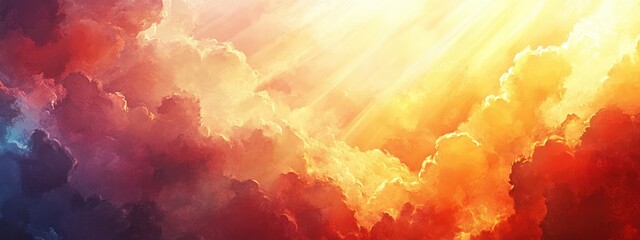 Poster - Vibrant dramatic sky with colorful painterly clouds and radiant light beams ideal for adding text or messages in an empty space