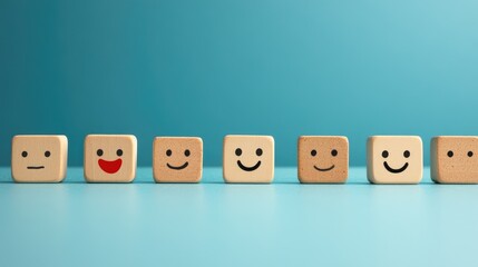 Poster - Customer sentiment analysis with AI represented by smiley face icons on blue background and copy space for branding or messaging.