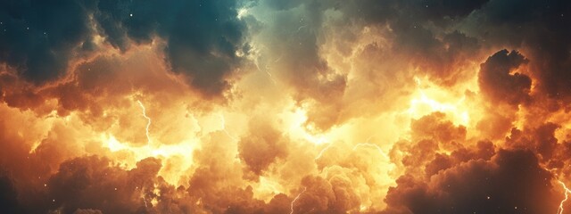 Poster - dramatic stormy sky with vibrant lightning bolts illuminating dark clouds and ample space for text o