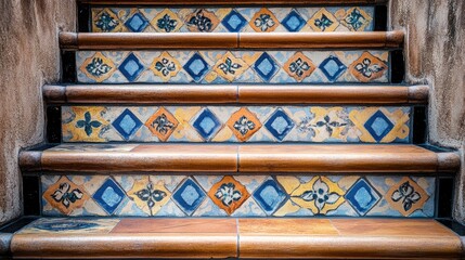 Poster - Close up shot of colorful decorative staircase tiles with intricate patterns and textures ideal for design and architectural projects