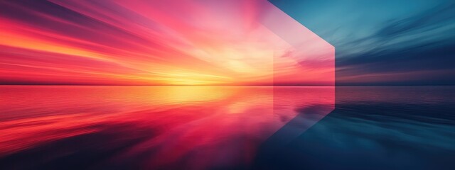 Poster - Vibrant Sunset Reflection with Geometric Elements and Clear Space for Text Overlay