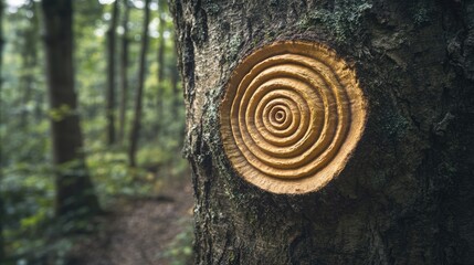 Poster - Concentric circles on tree trunk in serene forest setting with natural bokeh background and space for text or branding additions