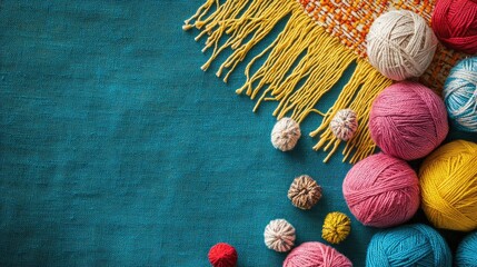 Poster - Vibrant assortment of colorful yarn and decorative fabrics showcasing traditional craftsmanship with ample space for text display