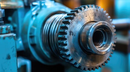 Poster - Close-up of Metal Gear DC Motor in Industrial Machinery with Selective Focus and Blank Space for Text or Graphics