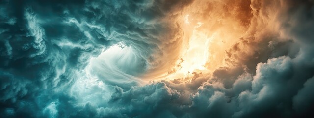 Poster - Dramatic swirling clouds with a vibrant orange glow creating a stormy atmosphere perfect for text overlay or advertising purposes