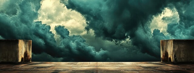 Poster - Dramatic storm cloud backdrop over industrial landscape with smokestacks and ample empty space for text or creative design applications