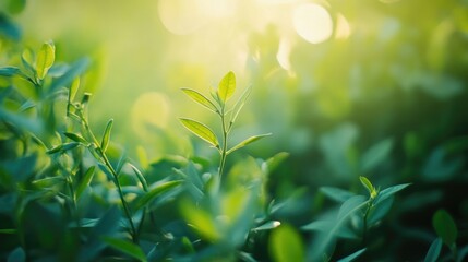 Poster - Close up of blurred green leaves growing in sunlight with soft bokeh background and space for text in agricultural or nature themes