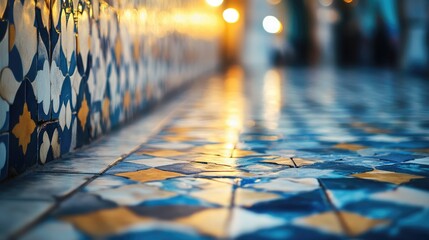 Poster - Blurred foreground of Ottoman style decorative tiles with warm lighting and empty space for text or design elements in the background