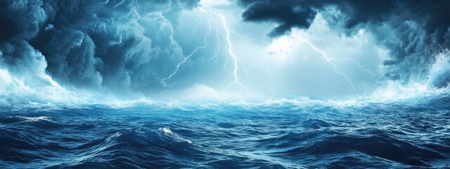Poster - Dramatic ocean scene with lightning strikes and dark clouds showcasing turbulent waters and ample empty space for text overlay.