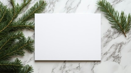 Poster - Blank poster mockup with pine branches on marble surface offering ample copy space for branding or holiday messaging