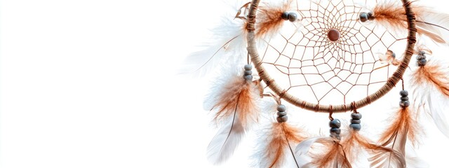 Poster - Dreamcatcher with delicate feathers on a white background highlighting empty space for custom text or branding elements