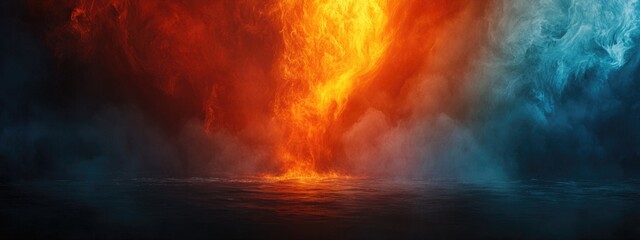 Fototapete - Dramatic interplay of fire and water showcasing vibrant colors with ample negative space for text or branding in a striking visual composition