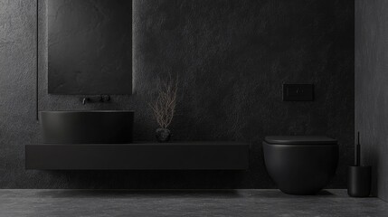 Poster - Modern minimalist bathroom with black fixtures and clean lines showcasing a toilet and basin against a dark textured wall with empty space
