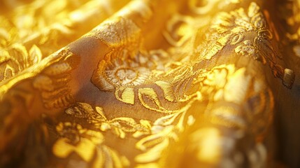 Poster - Golden embroidered fabric with intricate floral patterns ideal for elegant backgrounds and decorative text placements.